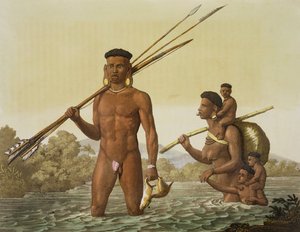 Botocudos-perhe, Rio Grande, Brasilia, Jules Ferrarion julkaisusta Le Costume Ancien et Moderne, osa II, levy 37, julkaistu 1820-30-luvulla (katso myös 84784)